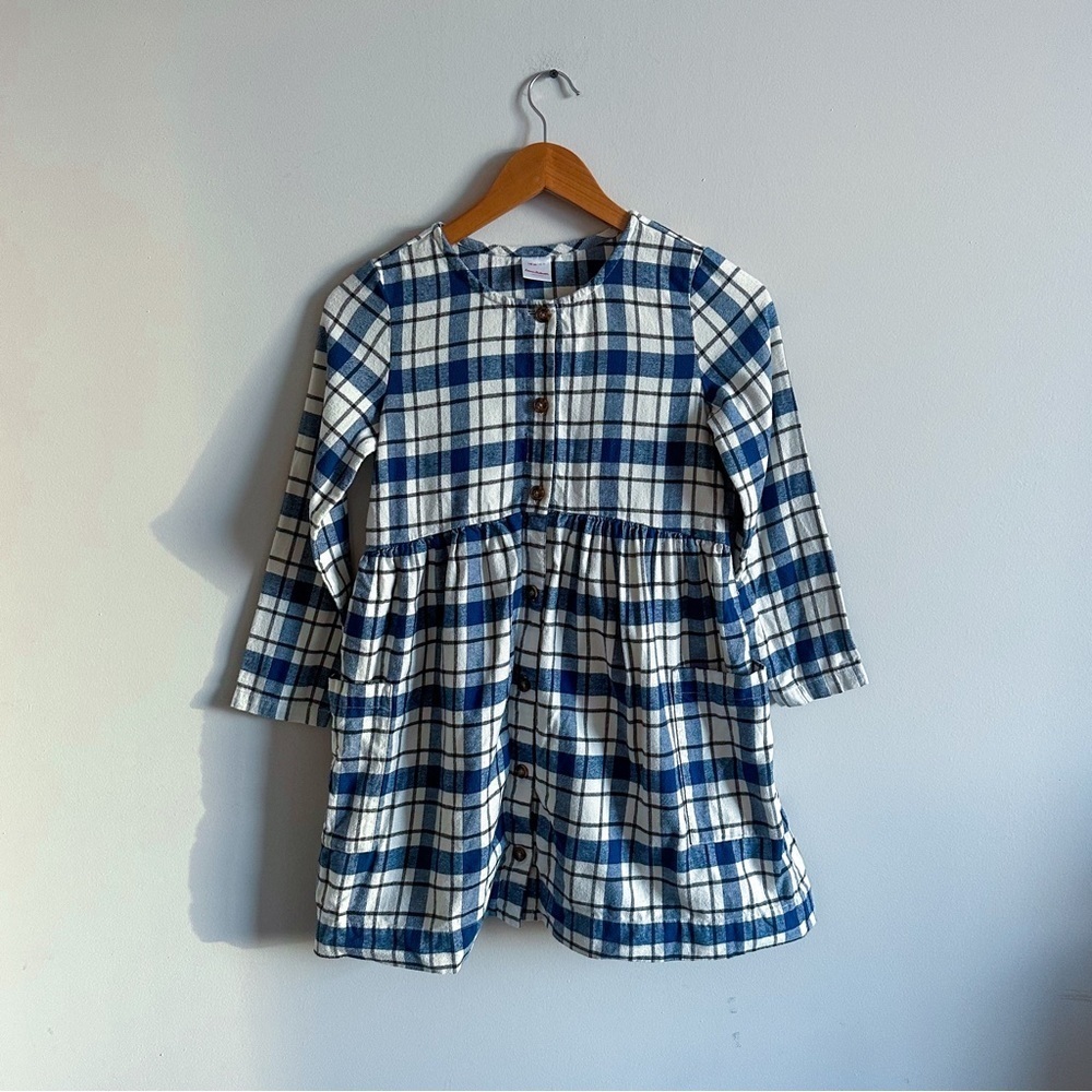 Hanna Anderson Blue & White Plaid Button Up Flannel Dress with Pockets